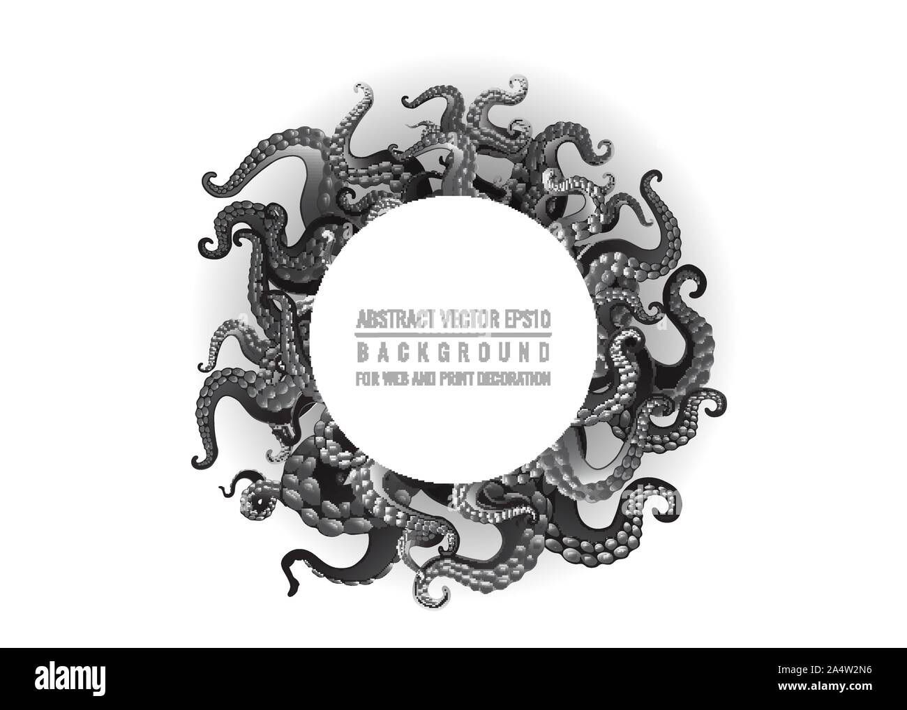 Futuristico con sfondo bianco e nero tentacoli di un polipo frame, motivo Oceano flat Cartoon carino illustrazione per il web e la stampa, carino composizioni Illustrazione Vettoriale
