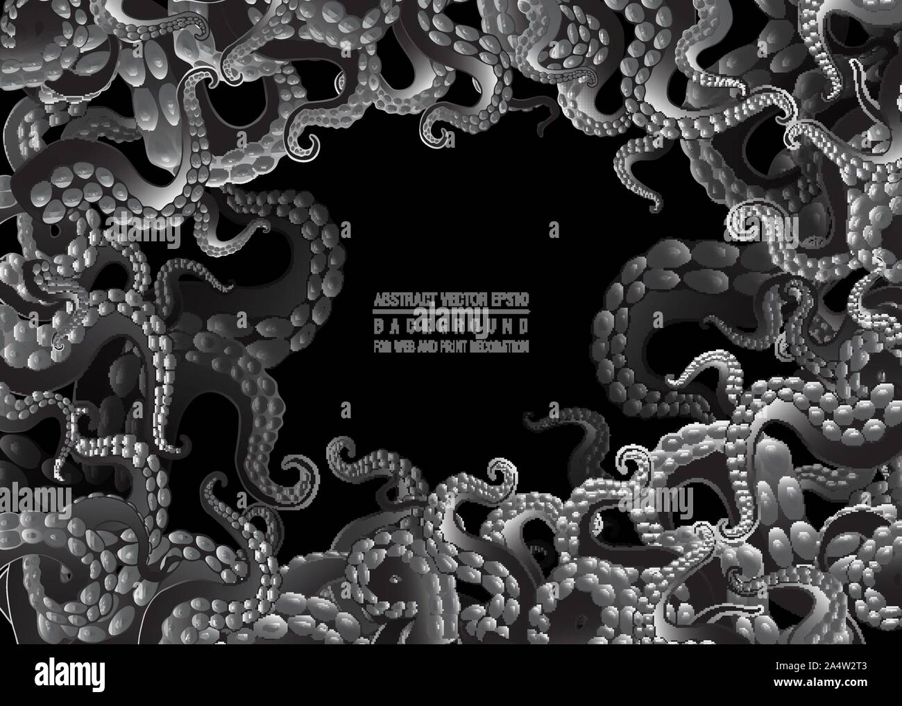 Futuristico con sfondo bianco e nero tentacoli di un polipo frame, motivo Oceano flat Cartoon carino illustrazione per il web e la stampa, carino composizioni Illustrazione Vettoriale