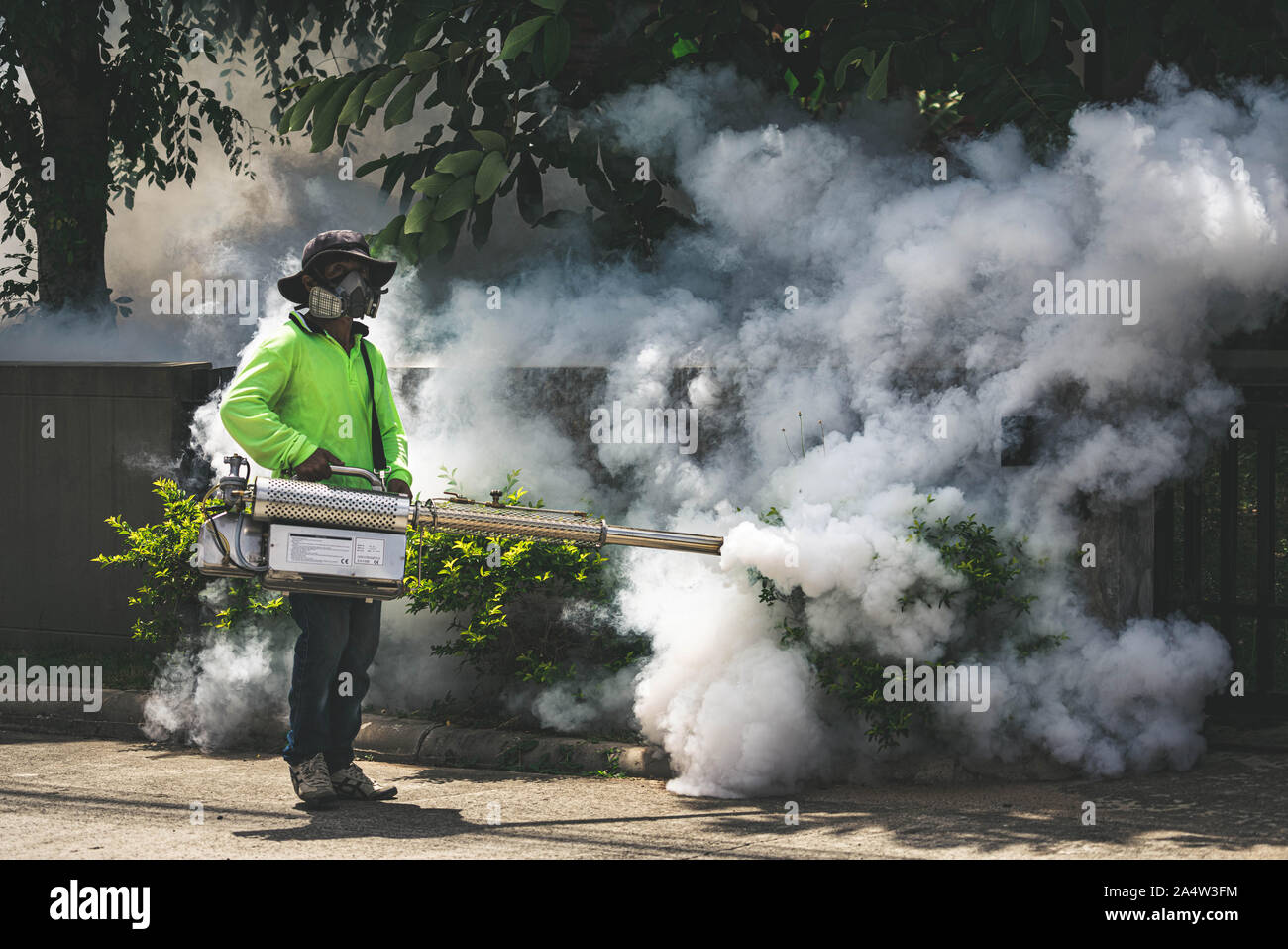 Uomo che utilizza fogger macchina a controllo da pericolose zanzare Foto Stock