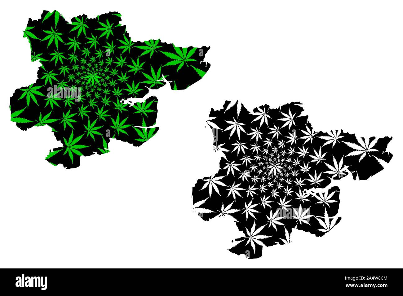 Essex (Regno Unito, Inghilterra, Non-metropolitan county, shire county) mappa è progettato Cannabis leaf verde e nero, Essex mappa fatta di marijuana (mar Illustrazione Vettoriale