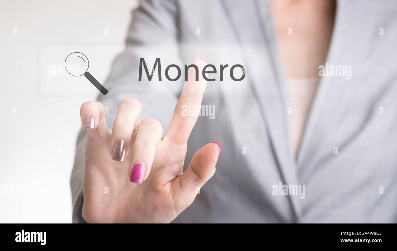 Unica femmina non identificabili business persona Monero digitando il testo per la ricerca in internet in vetro trasparente. Foto Stock
