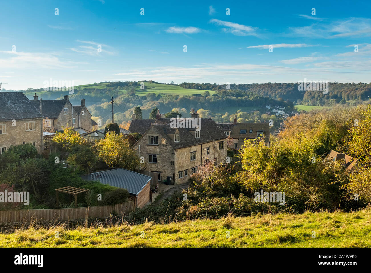 Vista di Rodborough, Stroud, Gloucestershire, Regno Unito Foto Stock
