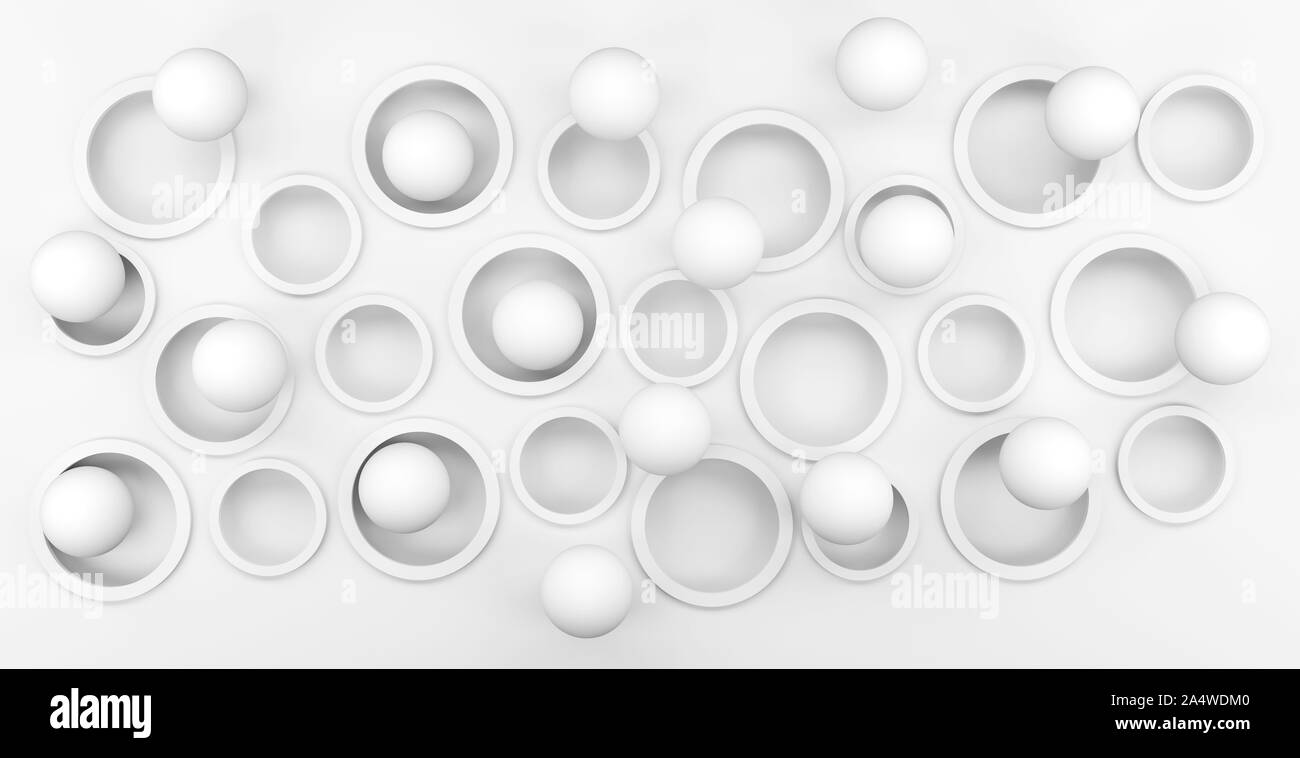 Parete 3d con fori e sfere volanti bianco e grigio il rendering 3D Foto Stock