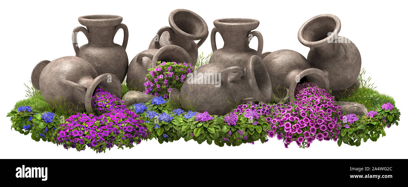 Intaglio letto floreale. Garden design con vasi di fiori. Fiori isolati su sfondo bianco. Paesaggio di anfore e fiori colorati. Foto Stock
