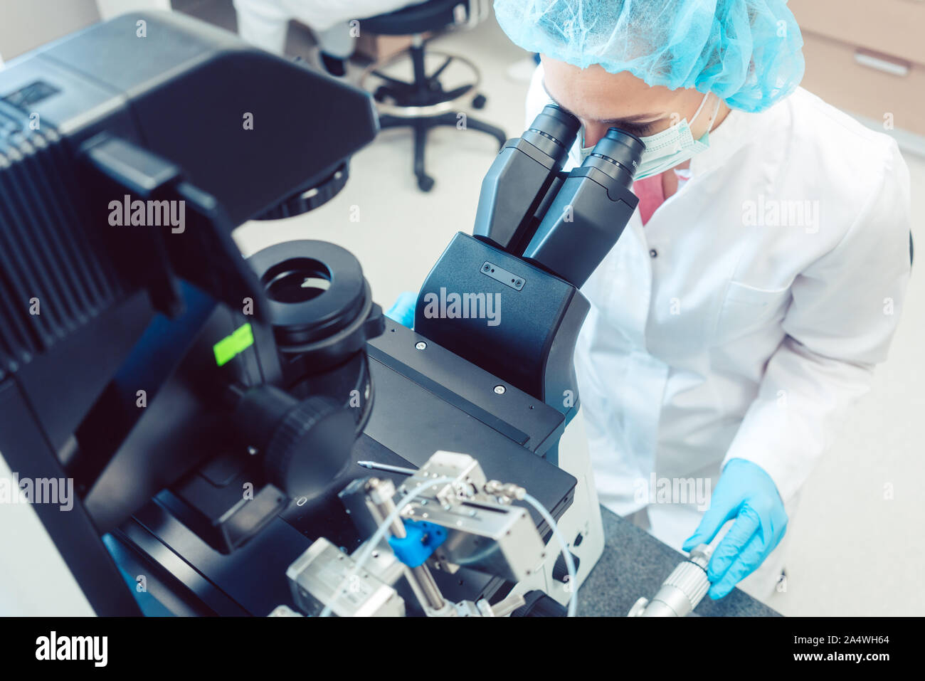 Donna medico che lavorano sul manipolatore fecondare uova umana Foto Stock