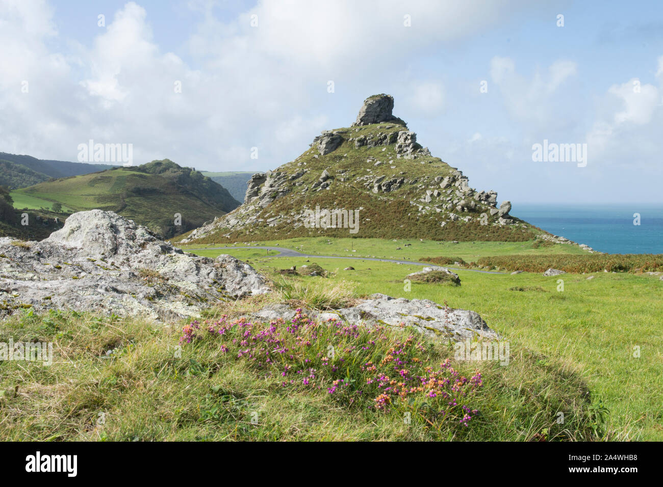 Castello di roccia della Valle delle rocce con il mare oltre, paesaggio, soleggiato, Lynton, Devon Foto Stock