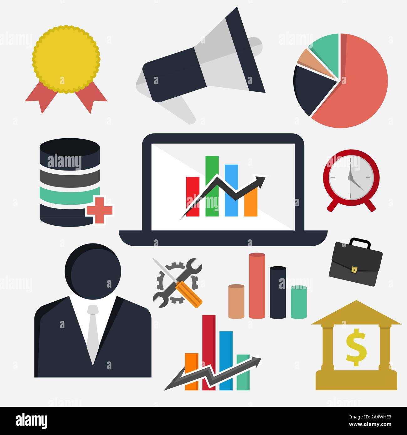 Appartamento business finance elementi di immagine vettoriale. Icona di vari elementi di finanza aziendale tema design piatto Illustrazione Vettoriale