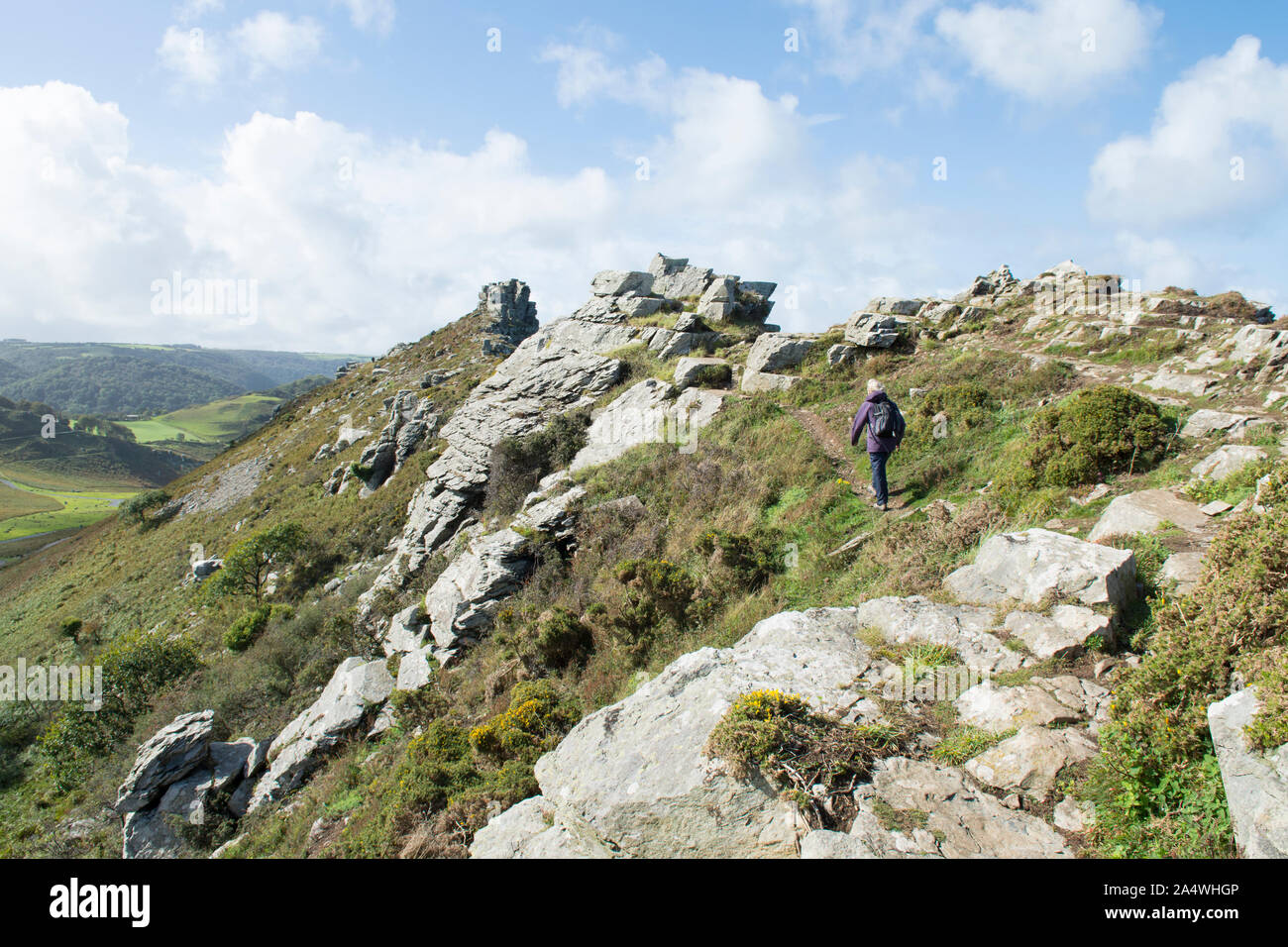 La donna gli escursionisti a piedi lungo il crinale della Valle di rocce verso Castle Rock, Devon, Exmoor Foto Stock