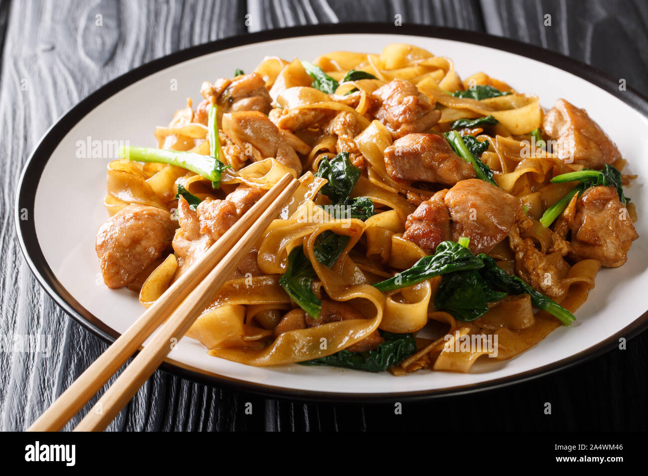 Fritti spaghetti di riso con pollo, broccoli cinesi e delle uova di close-up su una piastra sul tavolo orizzontale. Foto Stock