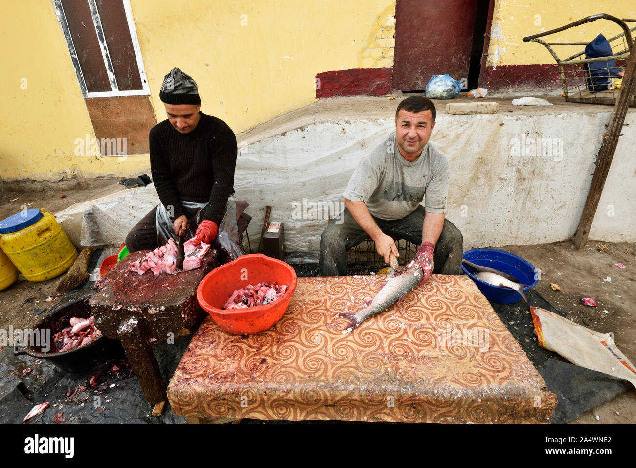 I fornitori di pesce a Dekhon bazaar. Tutti i pesci, dall'Amu Darya river, è scelto vivo e poi ucciso con un bastone di legno e preparato per il CLIÉ™ Foto Stock