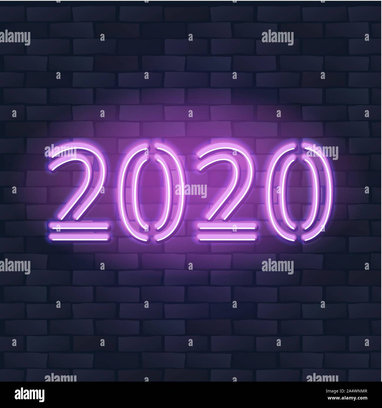 2020 Anno Nuovo concetto con colorate luci al neon. Design retrò elementi per presentazioni, volantini, opuscoli, poster e cartoline. Illustrazione Vettoriale. Illustrazione Vettoriale