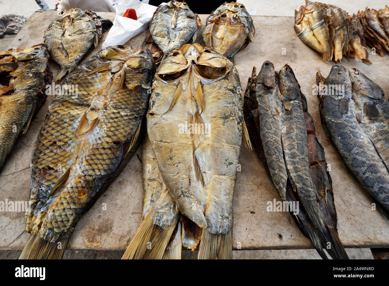 Pesci secchi a Dekhon bazaar. Tutto il pesce che viene dall'Amu Darya river. Khiva, Uzbekistan Foto Stock