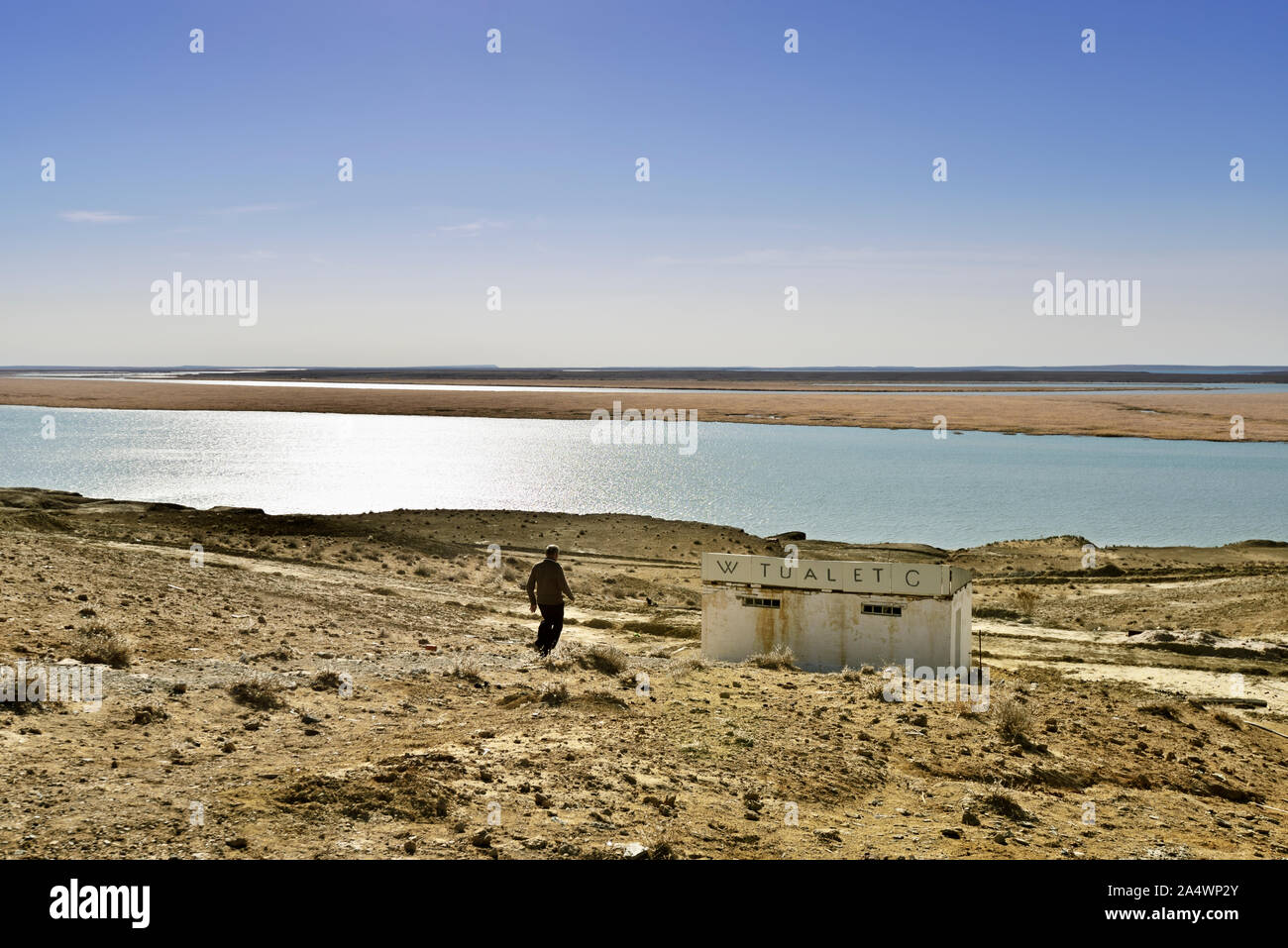 L'Amu Darya fiume, il fiume Oxus dell'antichità, attraversando il deserto Kyzylkum sul confine con il Turkmenistan. Deserto Kysylkum, Uzbekistan Foto Stock