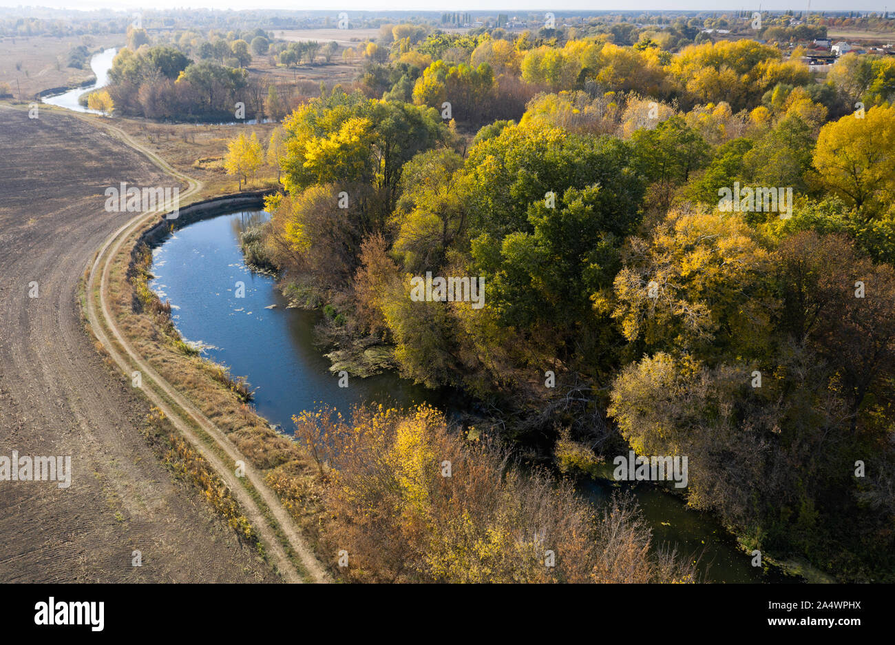 Un paesaggio autunnale con un fiume, alberi di giallo in una giornata di sole Foto Stock