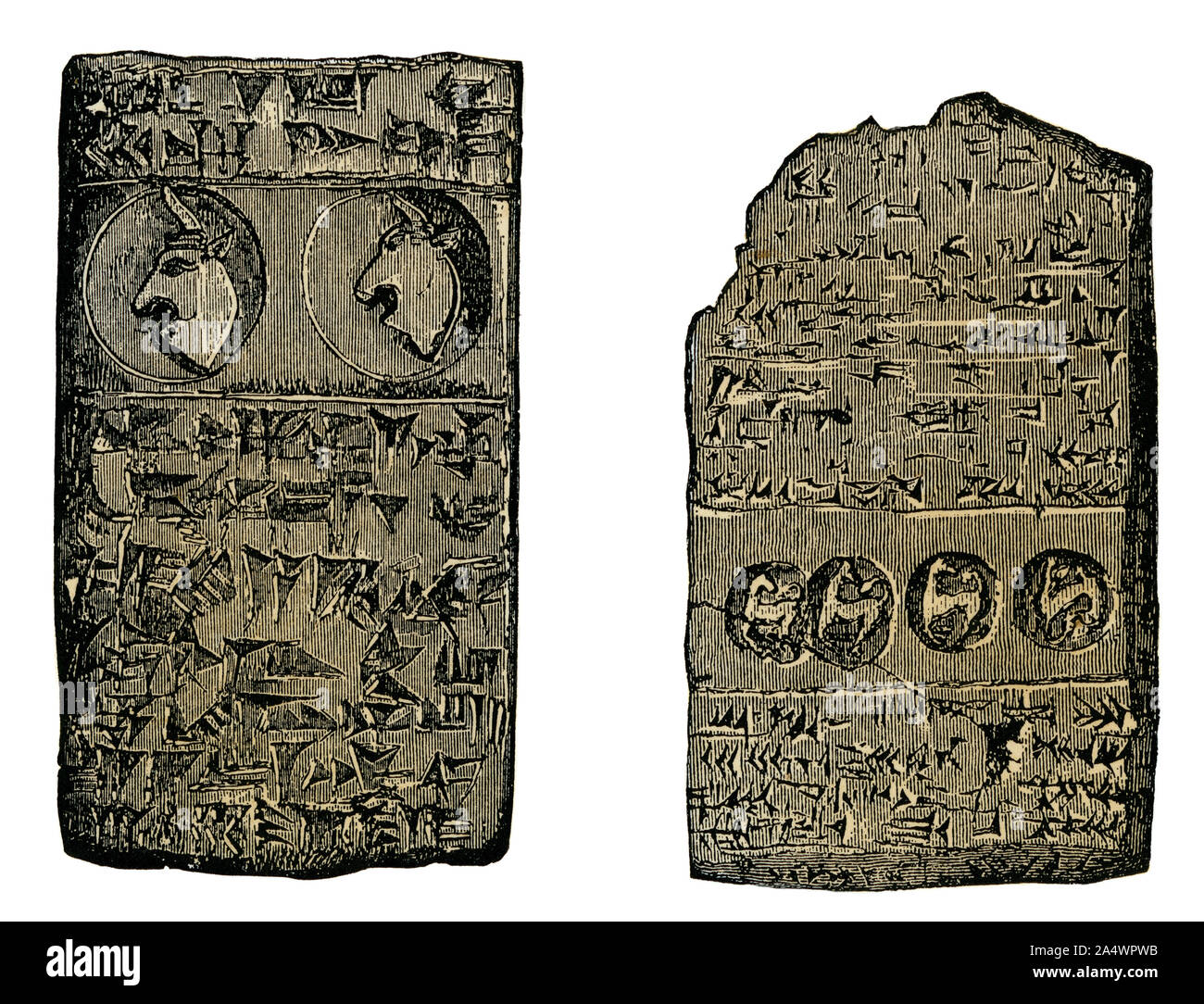 Tavolette cuneiformi dalla Caldea in Babilonia. Colorate a mano la xilografia Foto Stock