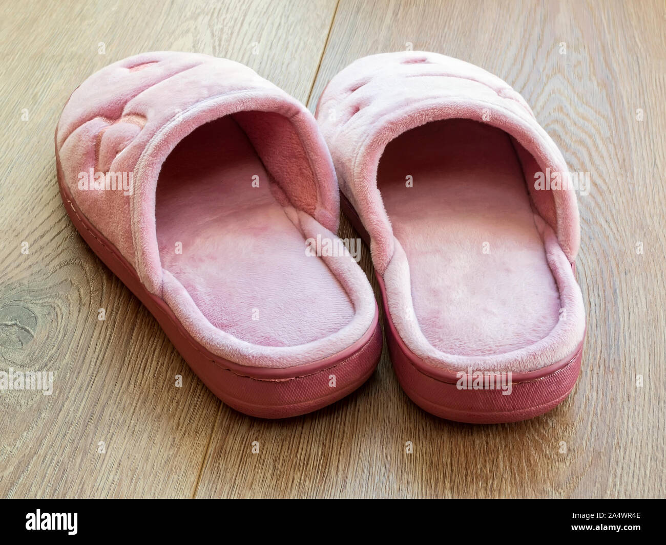 Coppia di casa femmina pantofole in marrone con pavimento in legno. Accogliente e caldo e confortevole rosa scarpe domestico. Vista posteriore. Foto Stock