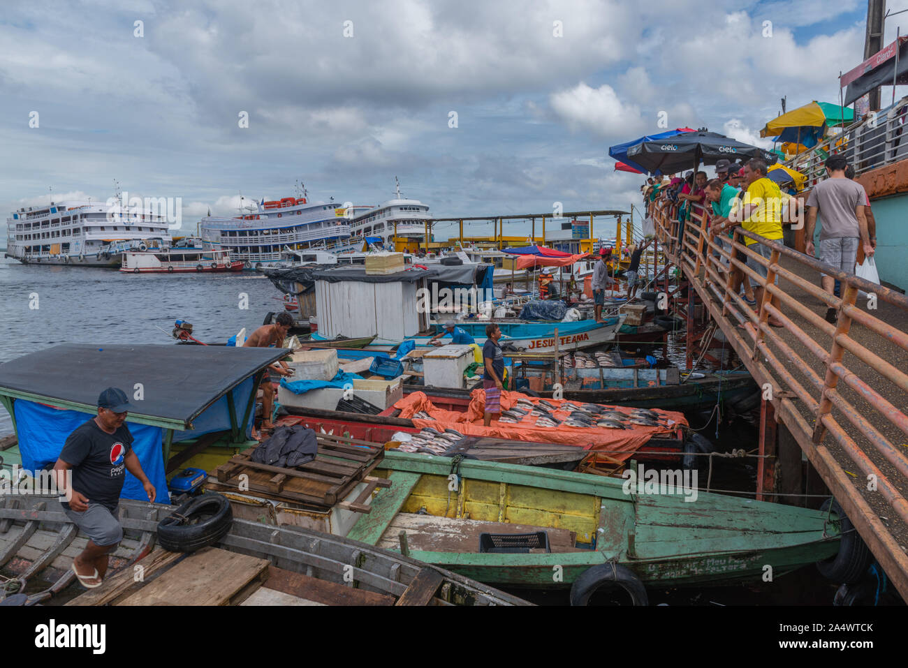 La pesca habor in Porto Flutante o Floating Porto, aprire barche da pesca con i proprietari vendono pesce fresco, Manaus, l'Amazzonia, Brasile, dell'America Latina Foto Stock