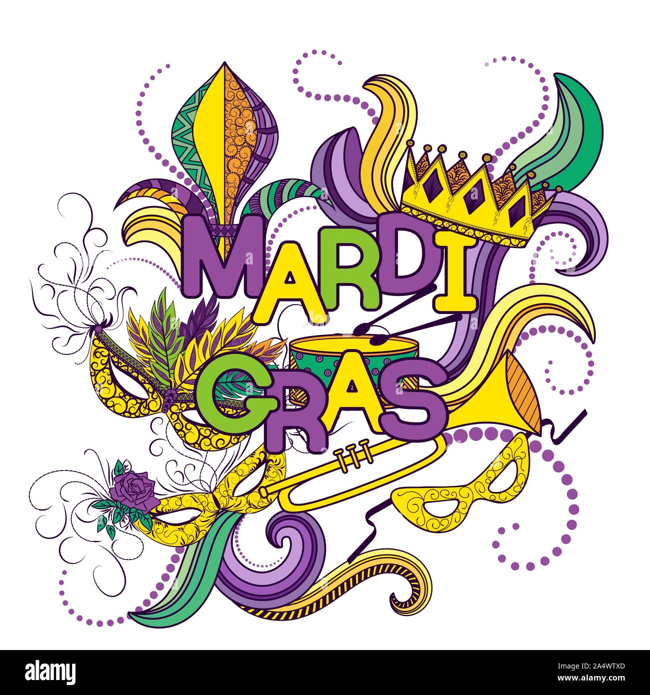 Mardi Gras o Martedì Grasso. Sfondo colorato con maschera di Carnevale e cappelli, Jester's hat, corone, Fleur de Lis, piume e nastri. Illustrazione Vettoriale Illustrazione Vettoriale