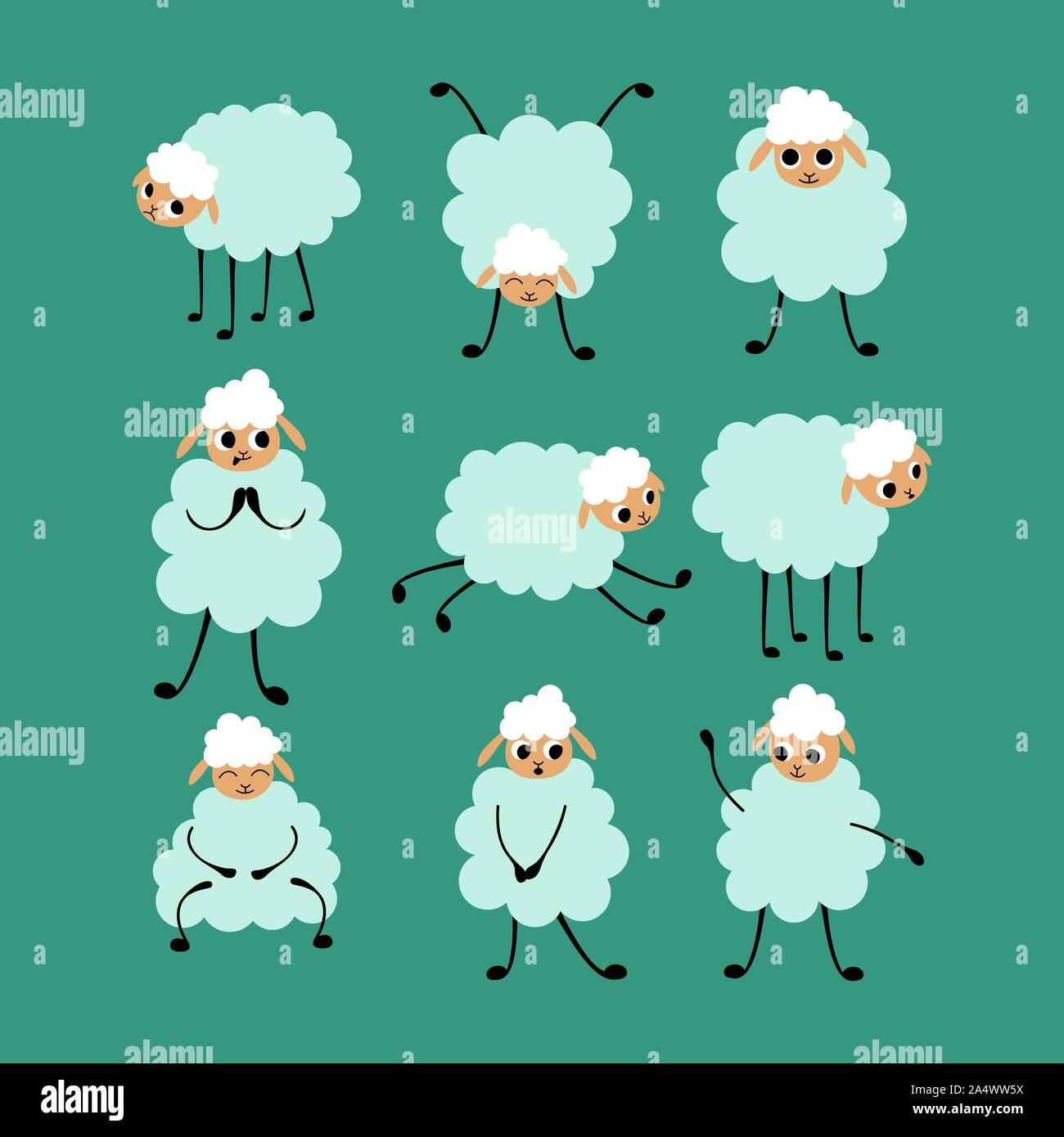 Grandi serie di cartoon ovini in diverse pose e situazioni. Simpatici animali isolati su sfondo verde. Appartamento illustrazione vettoriale. Illustrazione Vettoriale