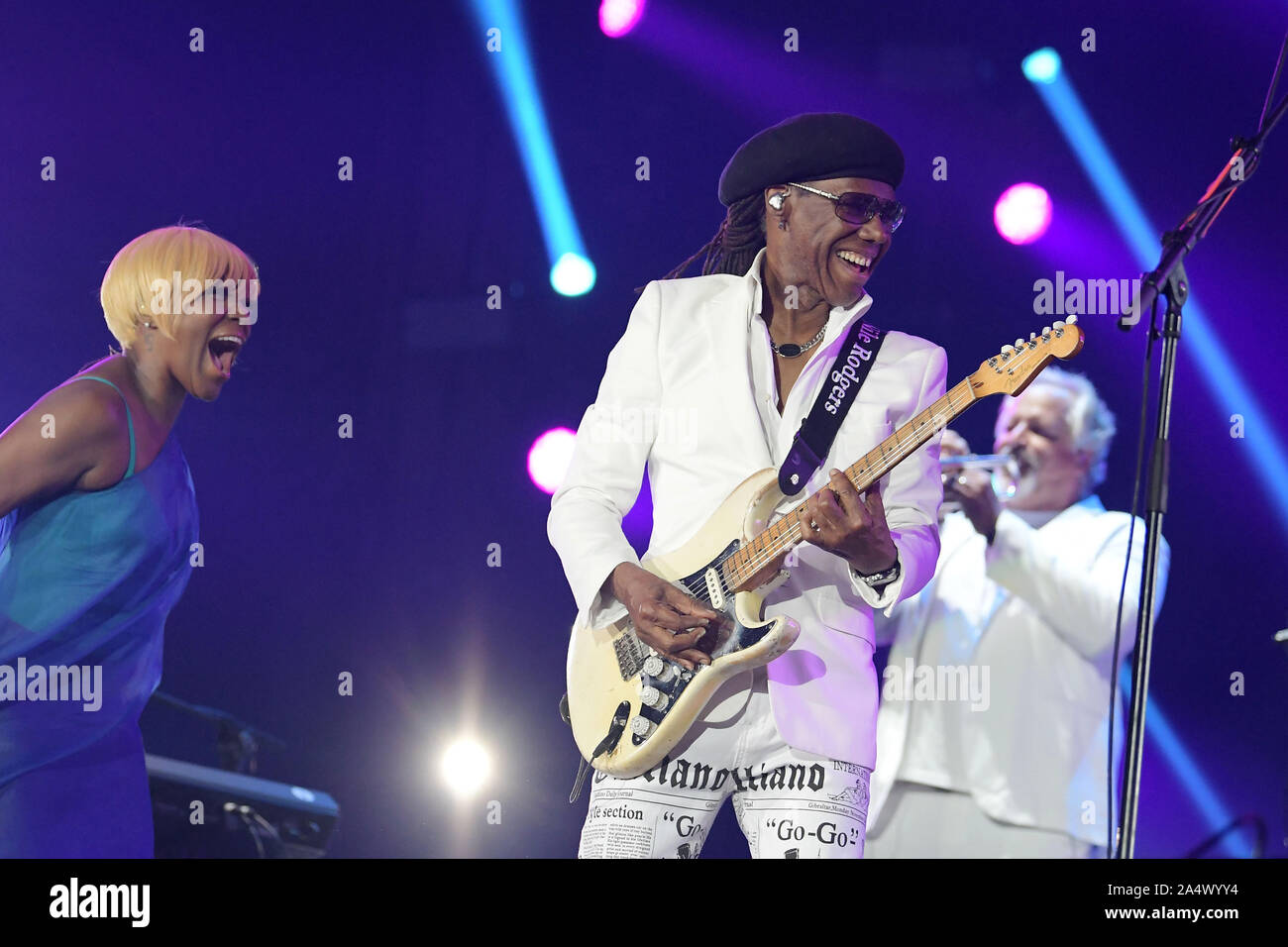 Rio de Janeiro, Brasile, 3 ottobre 2019. Il chitarrista Nile Rodgers della banda Chic durante il suo show al Rock in Rio 2019 nella città di Rio de Janeiro. Foto Stock