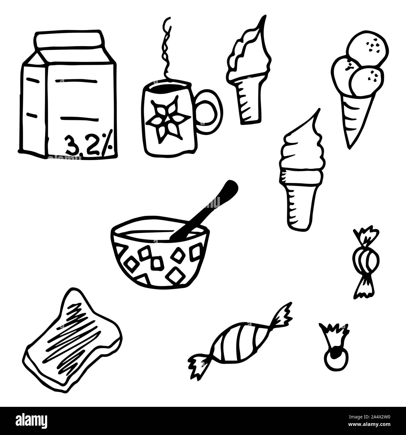 Doodle illustrazione vettoriale. Icone per la prima colazione, ornamento. Elementi colorati per logo, etichette, menu, cafe shop. Piatti disegnati a mano gli elementi. Illustrazione Vettoriale