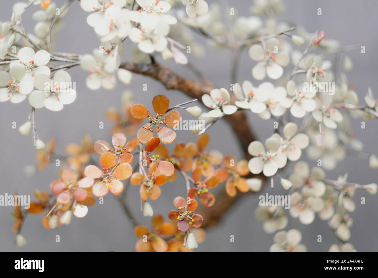 Il ramo di un albero in fiore con fiori fatti di pietra naturale Foto Stock Il ramo di un albero in fiore con fiori fatti di pietra naturale Foto Stock