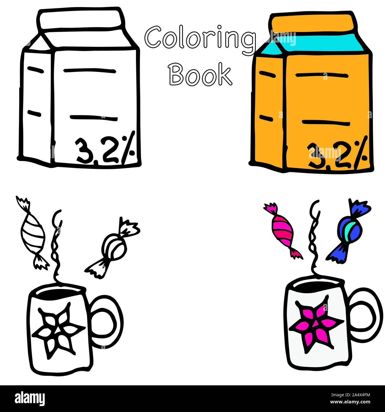 Doodle illustrazione vettoriale. Icone per la prima colazione, ornamento. Elementi colorati per logo, etichette, menu, cafe shop. Piatti disegnati a mano gli elementi. Libro da colorare Illustrazione Vettoriale