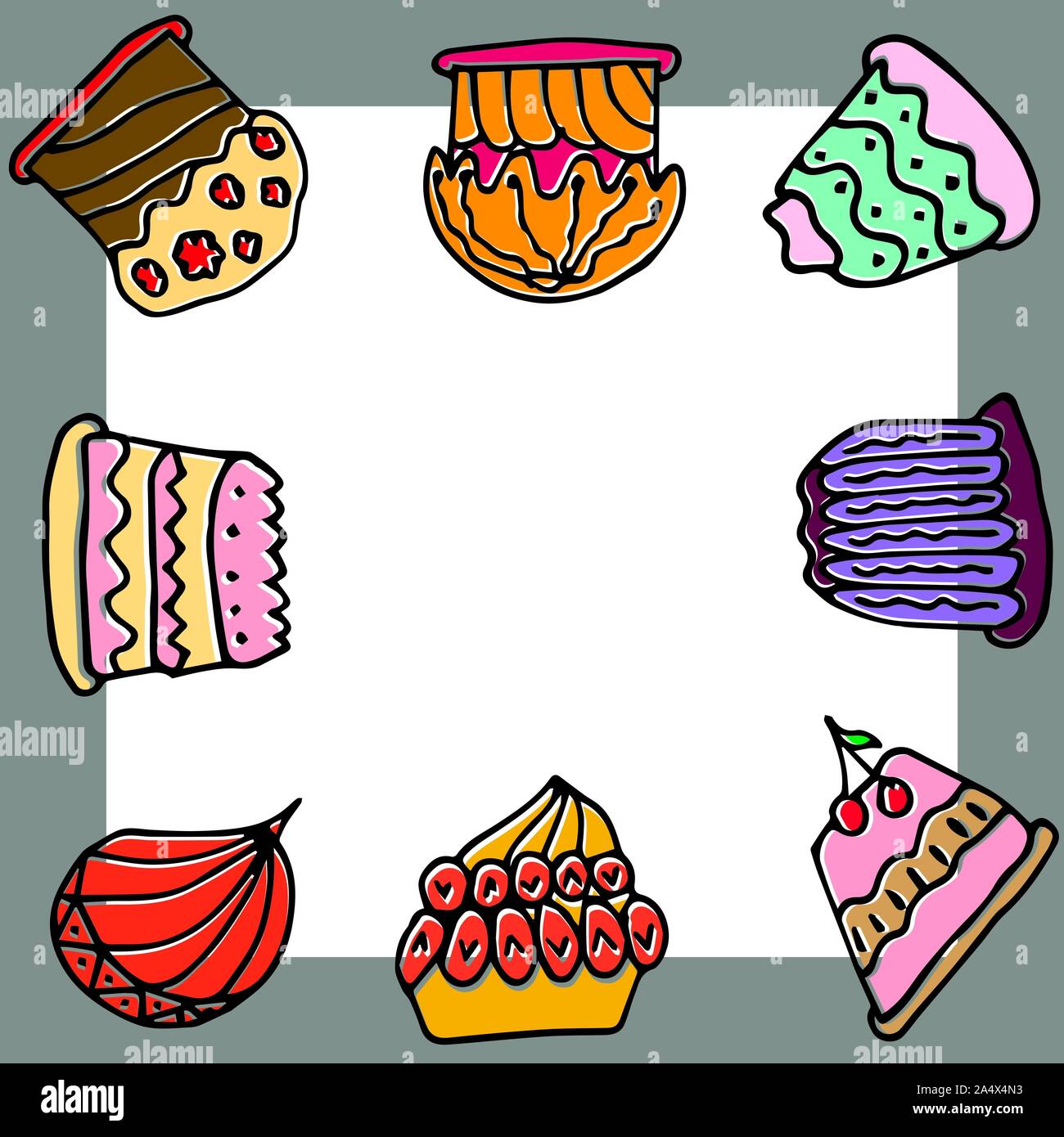 Set di vettore con torte di crema o di frutta, illustrazione su sfondo bianco in mano disegnato doodle style.Grande per la pagina web sfondo, la carta di avvolgimento, Illustrazione Vettoriale