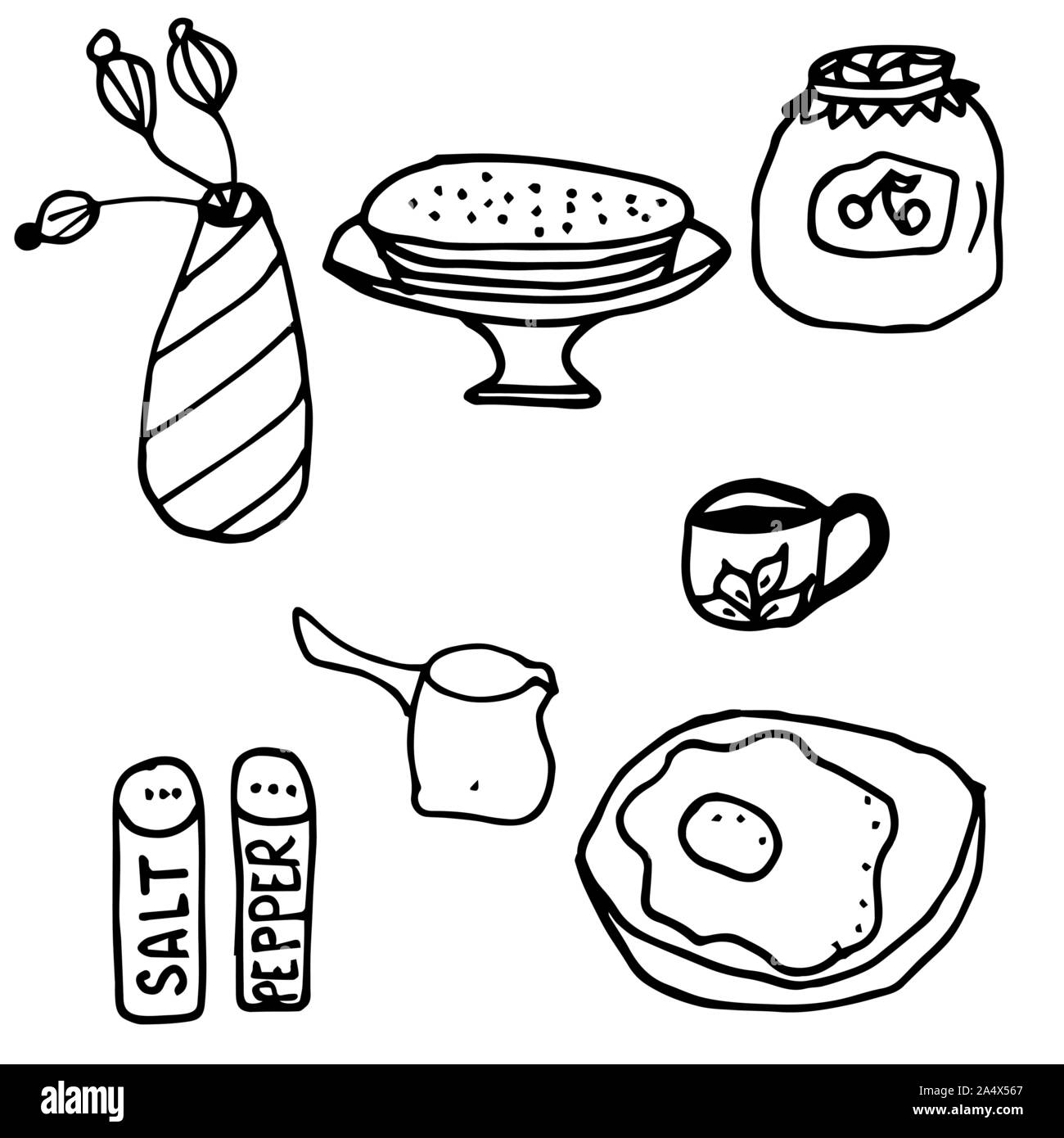 Doodle illustrazione vettoriale. Icone per la prima colazione, ornamento. Elementi colorati per logo, etichette, menu, cafe shop. Piatti disegnati a mano gli elementi. Illustrazione Vettoriale