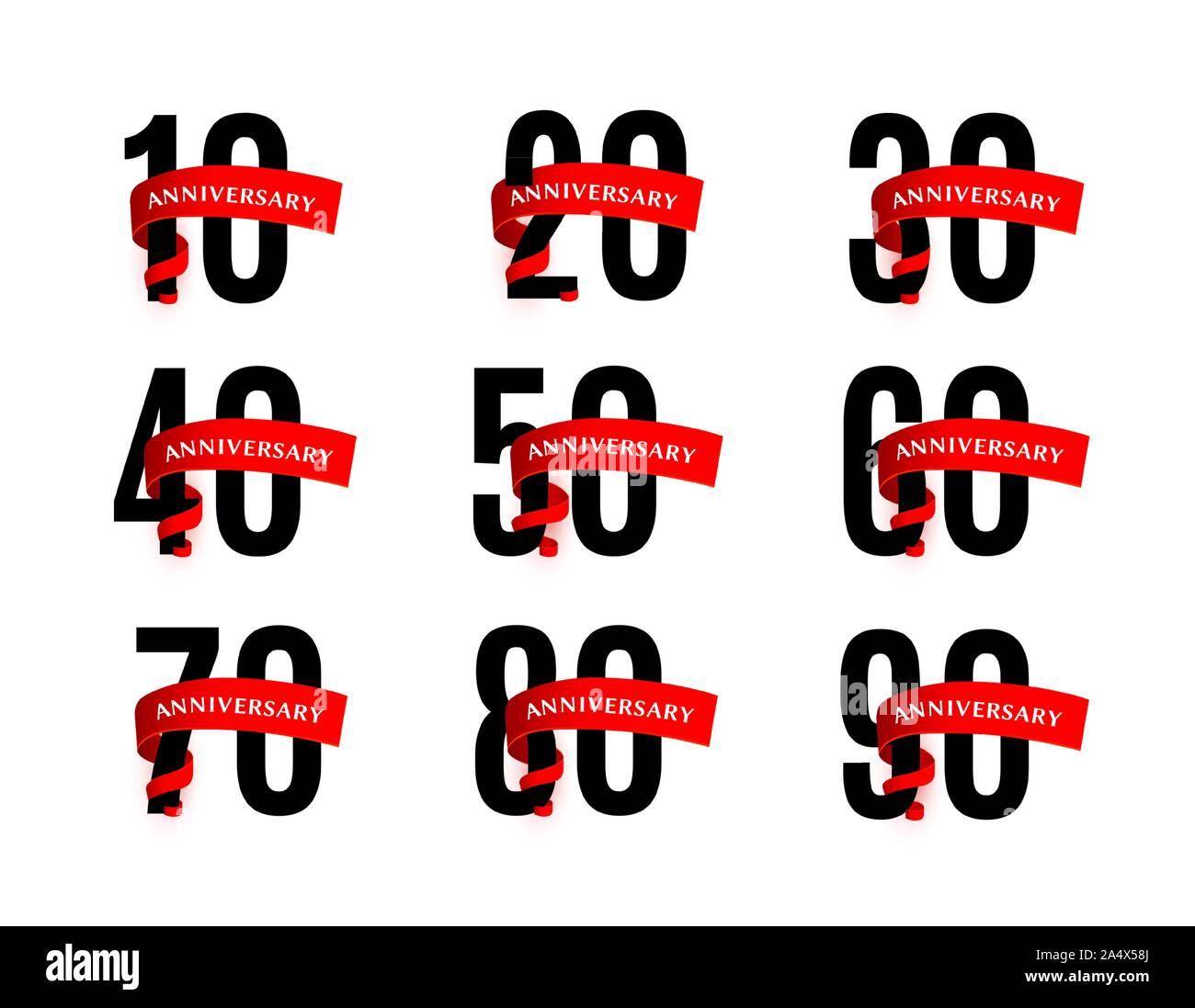 Gli anniversari dei numeri con un nastro rosso illustrazioni vettoriali impostato Illustrazione Vettoriale