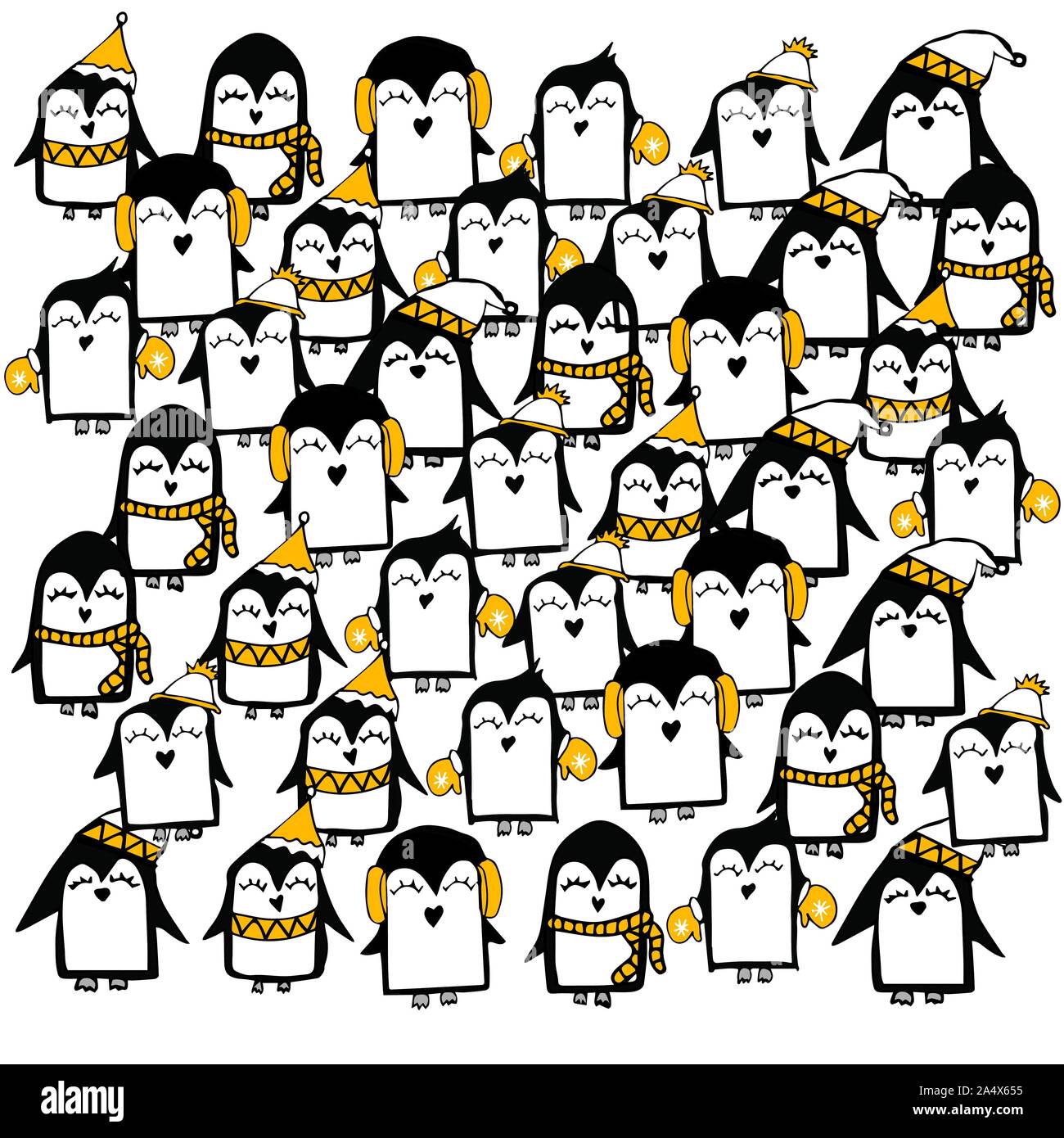 Linea del vettore del disegno a mano i pinguini. Doodle illustrazione di carattere.raffreddare gli elementi di design, perfetto per stampe, modelli per i bambini in camera da letto, libro, rivista.W Illustrazione Vettoriale
