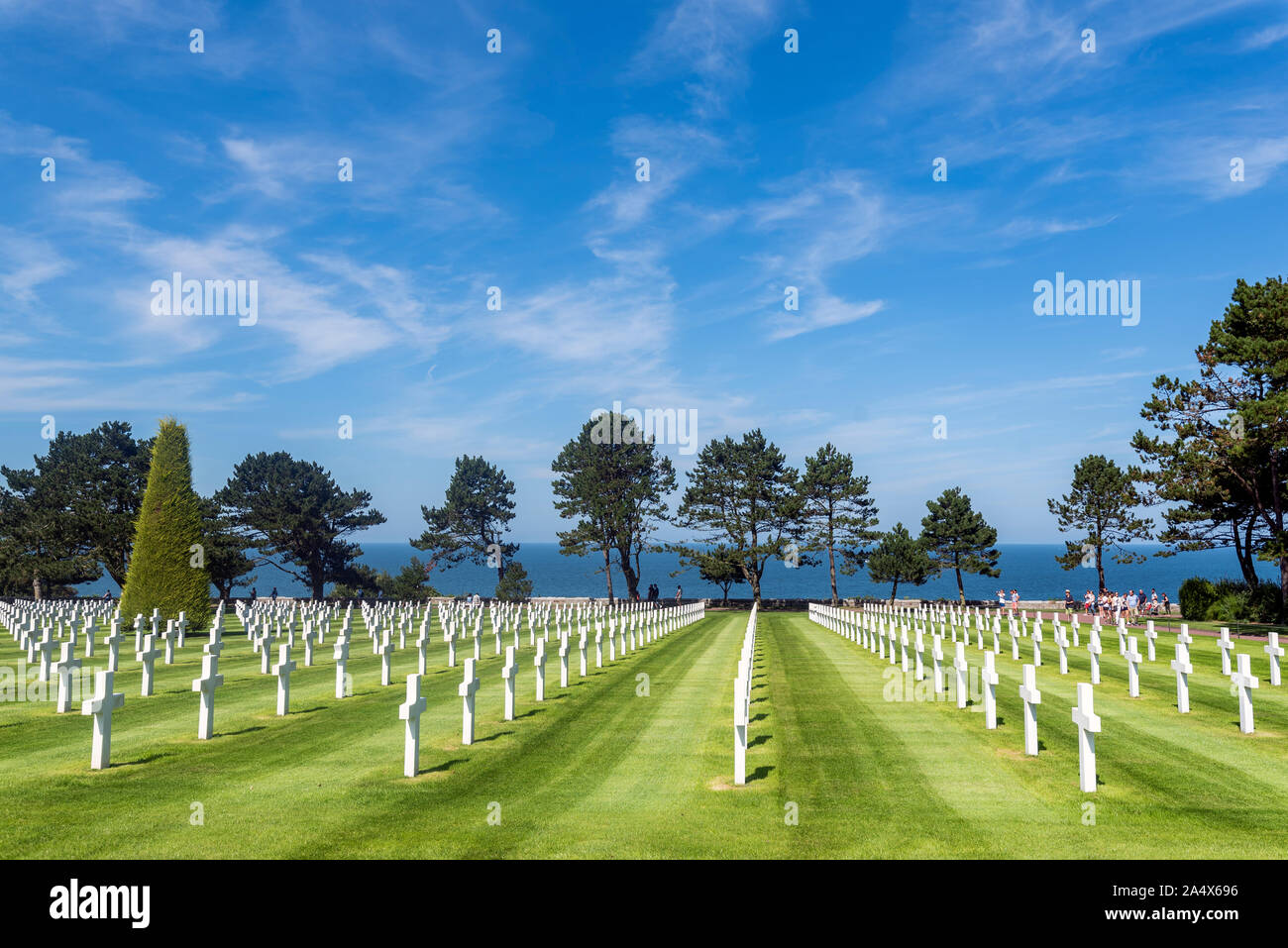 Lapidi di soldati morti in Normandia sbarco nel cimitero americano di Colleville-sur-Mer, Francia Foto Stock