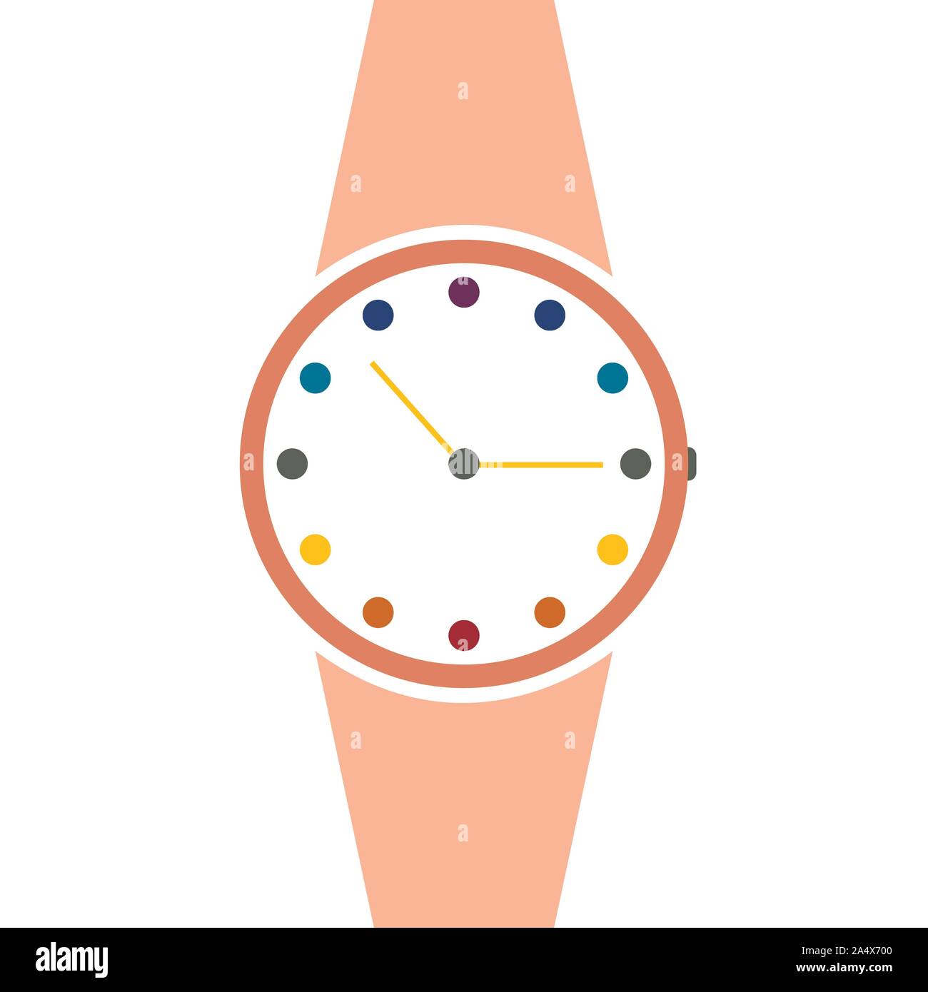 Vector orologio analogico su un polso icona. Il simbolo della gestione del tempo, cronometro con ora e minuti di freccia. Semplice illustrazione colorata isolato su bianco Illustrazione Vettoriale