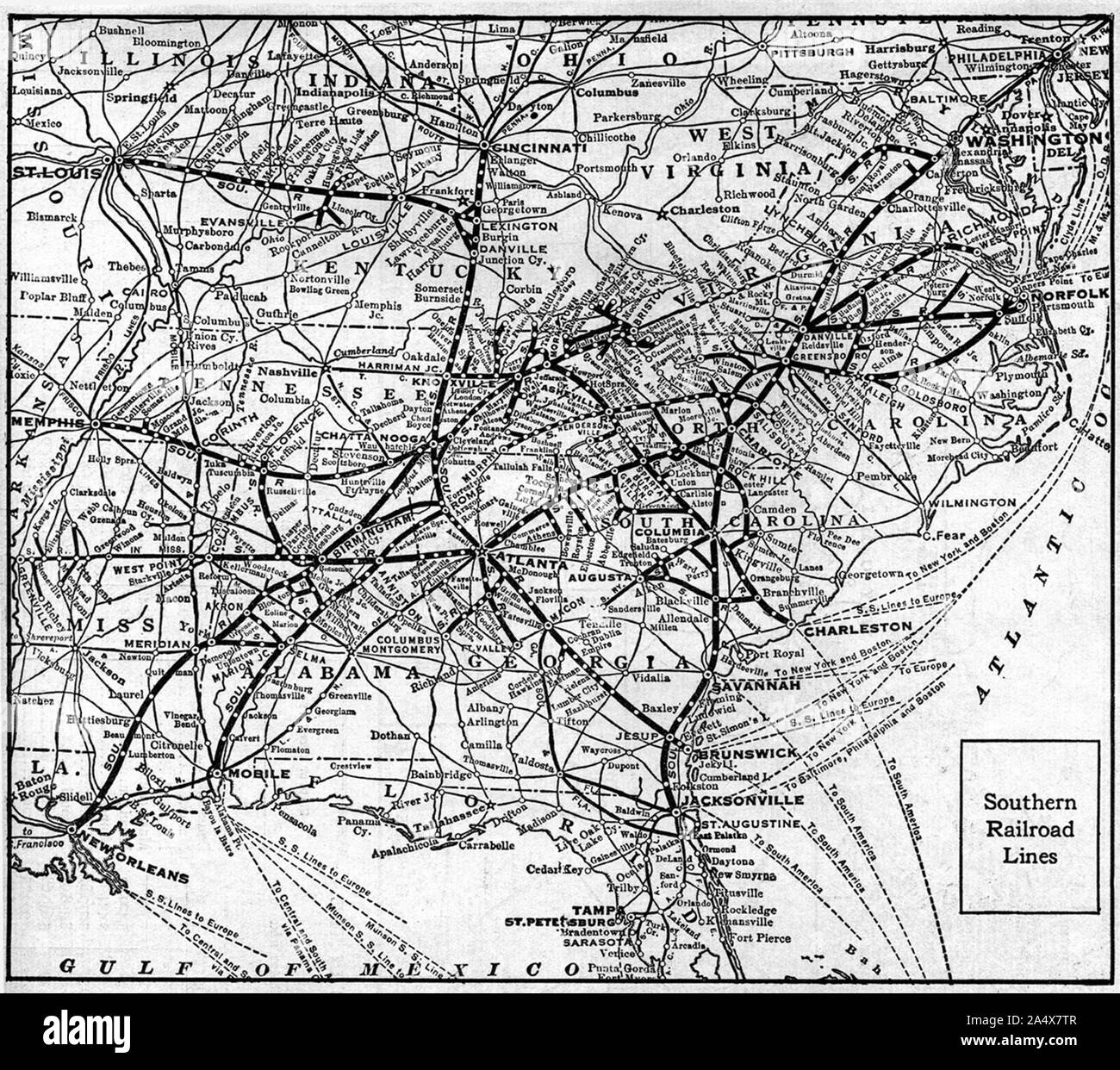 Mappa della American Ferrovia Meridionale le rotte in 1921, mostrato come le linee in grassetto Foto Stock