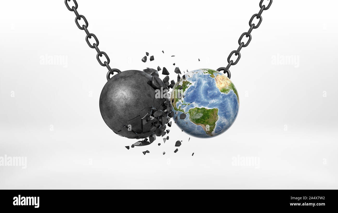 3D rendering di un nero rotto Wrecking Ball colpendo un globo terrestre su una catena nero su sfondo bianco. Foto Stock