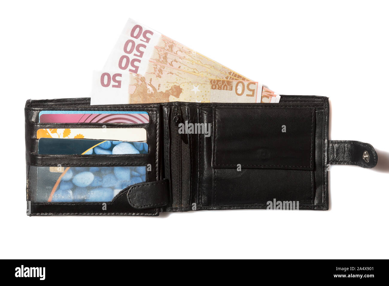 In cuoio nero portafoglio con banconote e carte di credito Foto Stock