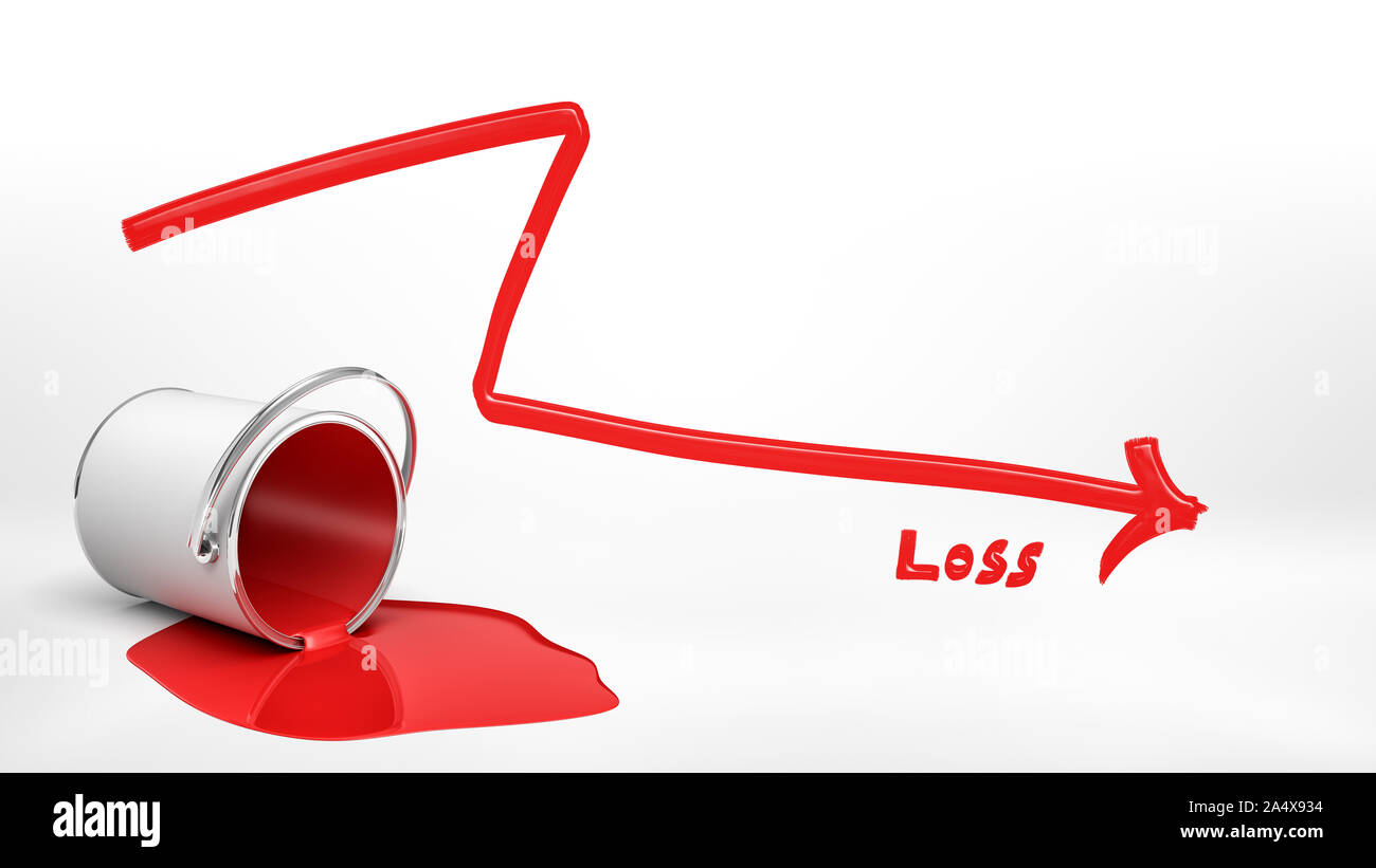 3D rendering di rovesciamento della vernice rossa secchio di vernice che perde in una pozzanghera accanto a un rosso freccia negativa e una parola "perdita". Foto Stock