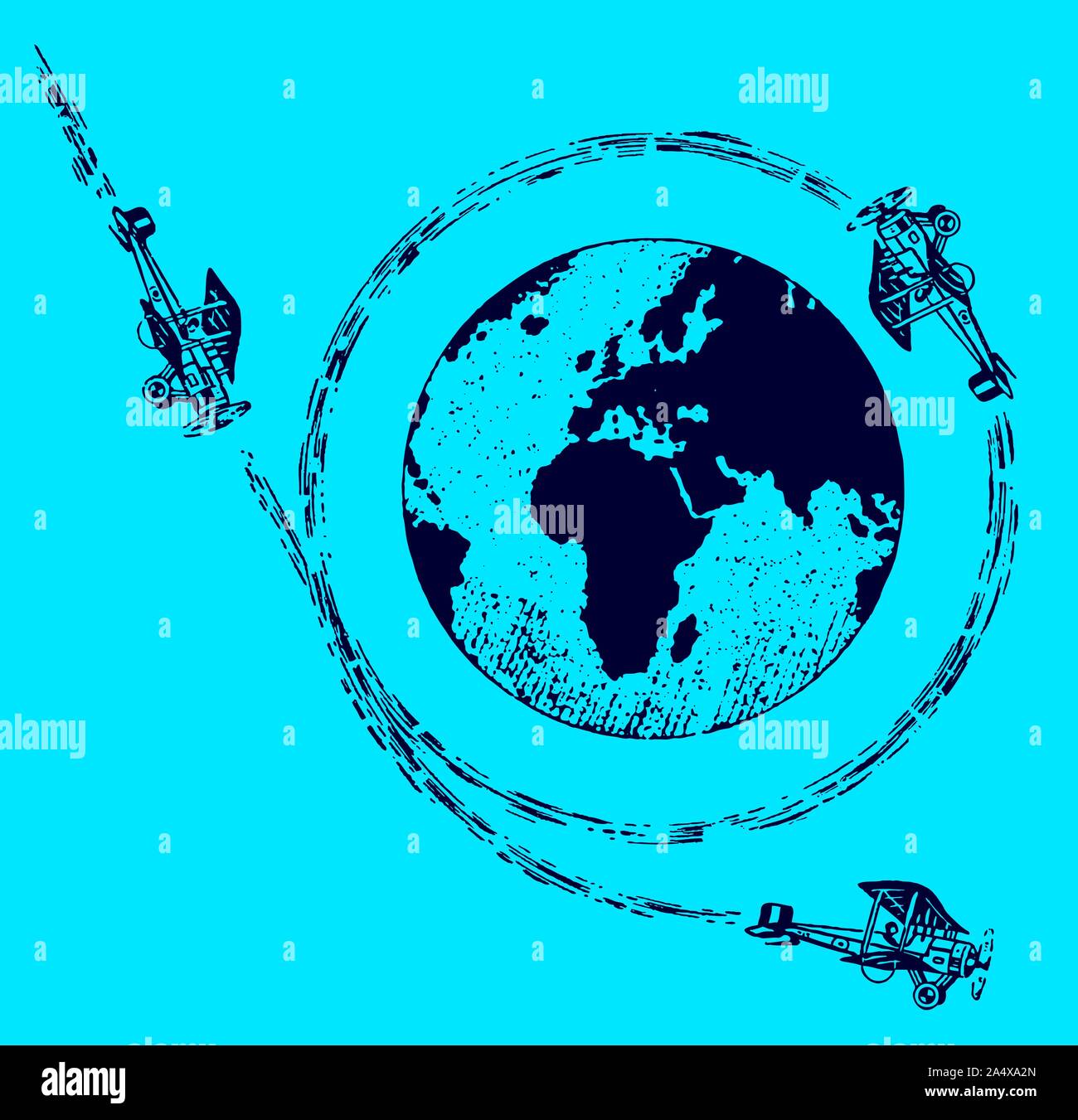 Tre storici biplani ruotando attorno al mondo. Immagine su sfondo blu dopo una litografia risalente agli inizi del XX secolo. Modificabile in la Illustrazione Vettoriale
