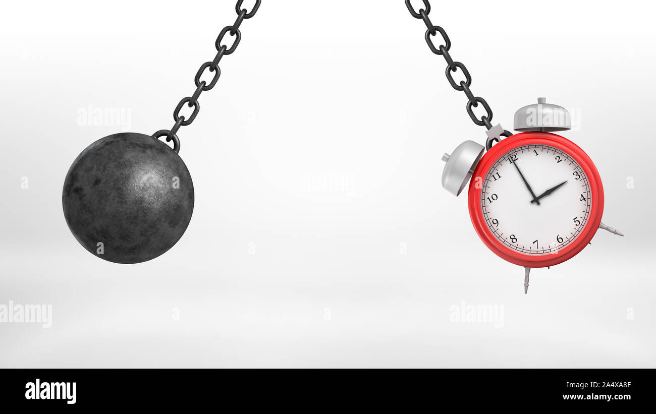 3D rendering di grandi demolizioni di ferro e una sveglia rossa su catene metalliche swing in direzioni opposte. Foto Stock