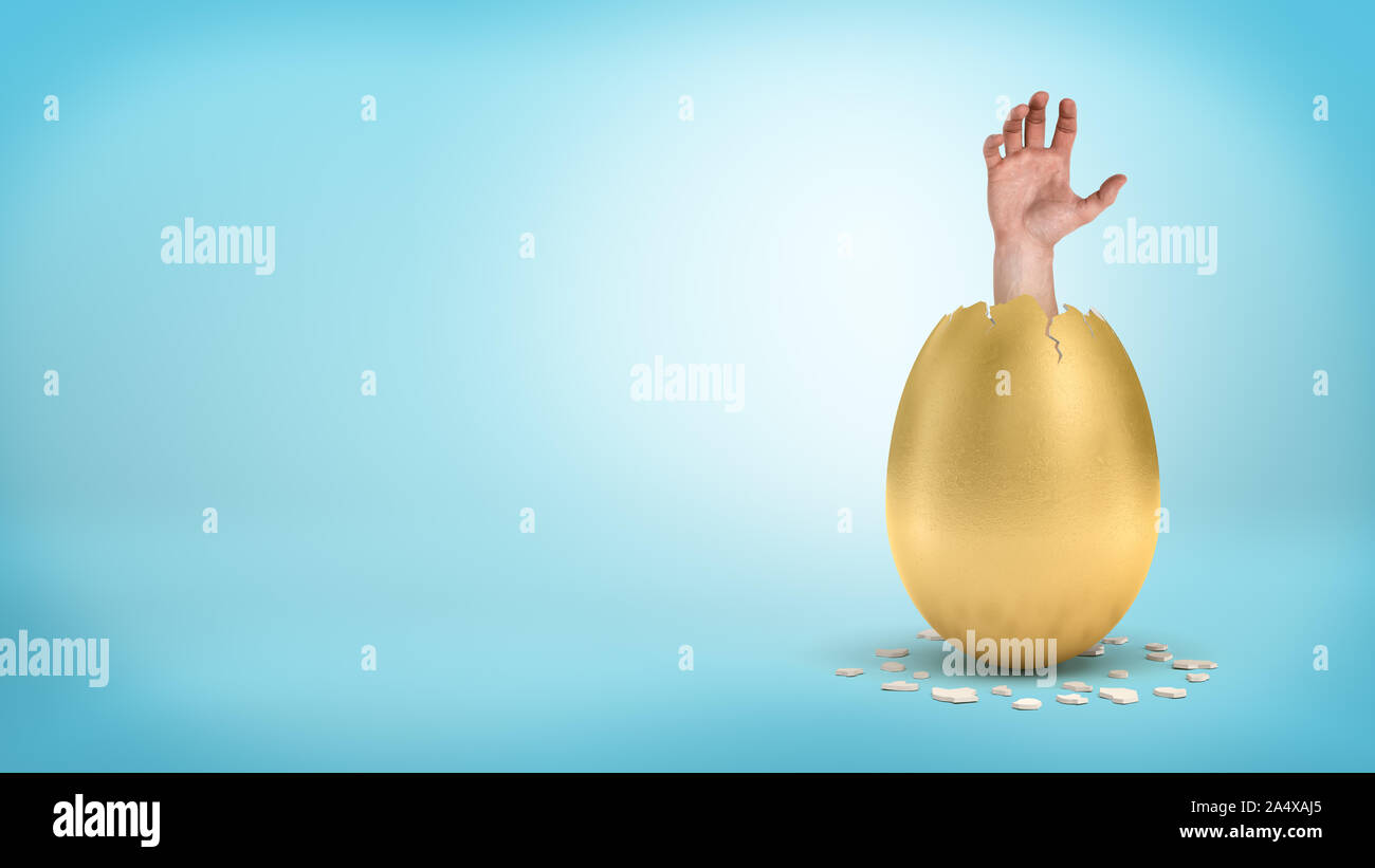 Un open mano maschio bastoni fuori dall'interno di incrinature del Golden Egg su sfondo blu. Foto Stock
