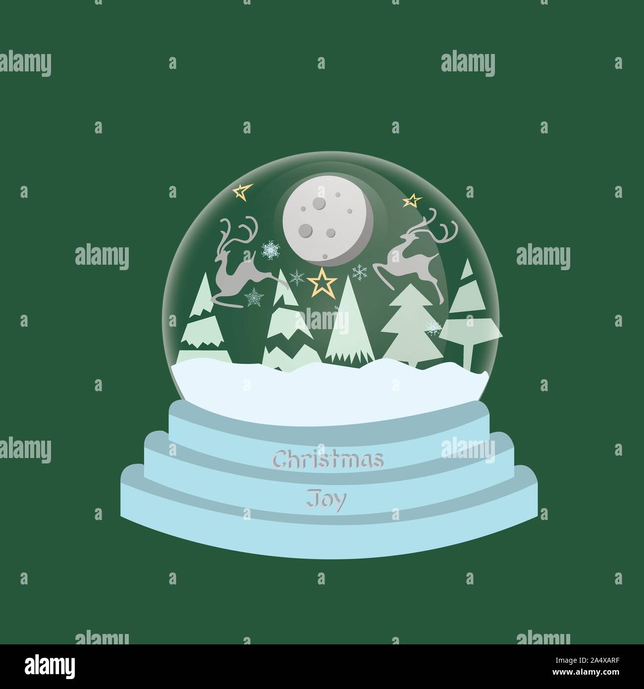 Ciao Winter Snow Globe. Pallina di vetro con sfera di vetro. Casa, albero di Natale e i fiocchi di neve, cervi, luna. Giocattolo a sfera con decorazioni di Natale in stile appartamento ve Illustrazione Vettoriale