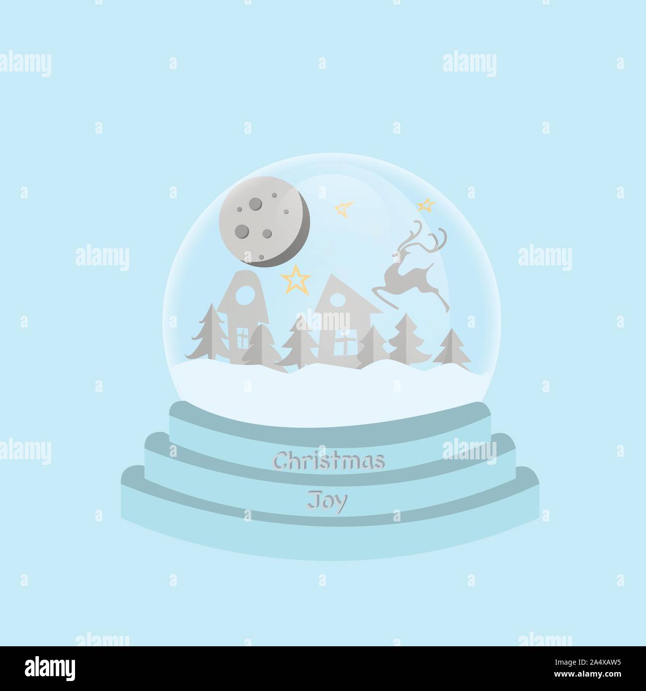 Ciao Winter Snow Globe. Pallina di vetro con sfera di vetro. Casa, albero di Natale e i fiocchi di neve, cervi, luna. Giocattolo a sfera con decorazioni di Natale in stile appartamento ve Illustrazione Vettoriale