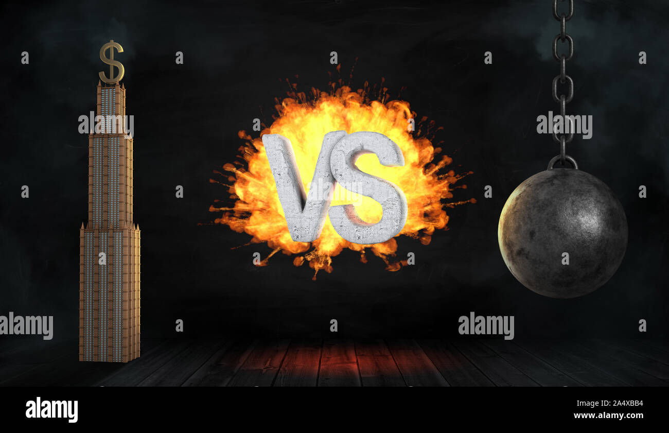3D rendering di un calcestruzzo lettere VS ha preso fuoco tra un edificio aziendale e una palla di demolizione. Foto Stock