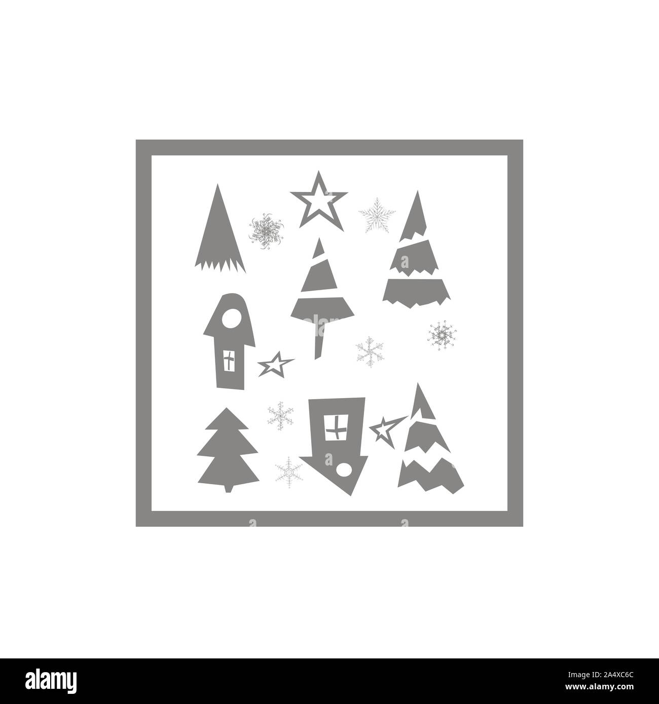 Cartolina di Natale con il Nuovo Anno Albero, neve e stelle. Felici vacanze inverno sfondo con la natura gli elementi di arredamento. Abete del ramo e piastrellato di fiocchi di neve Illustrazione Vettoriale