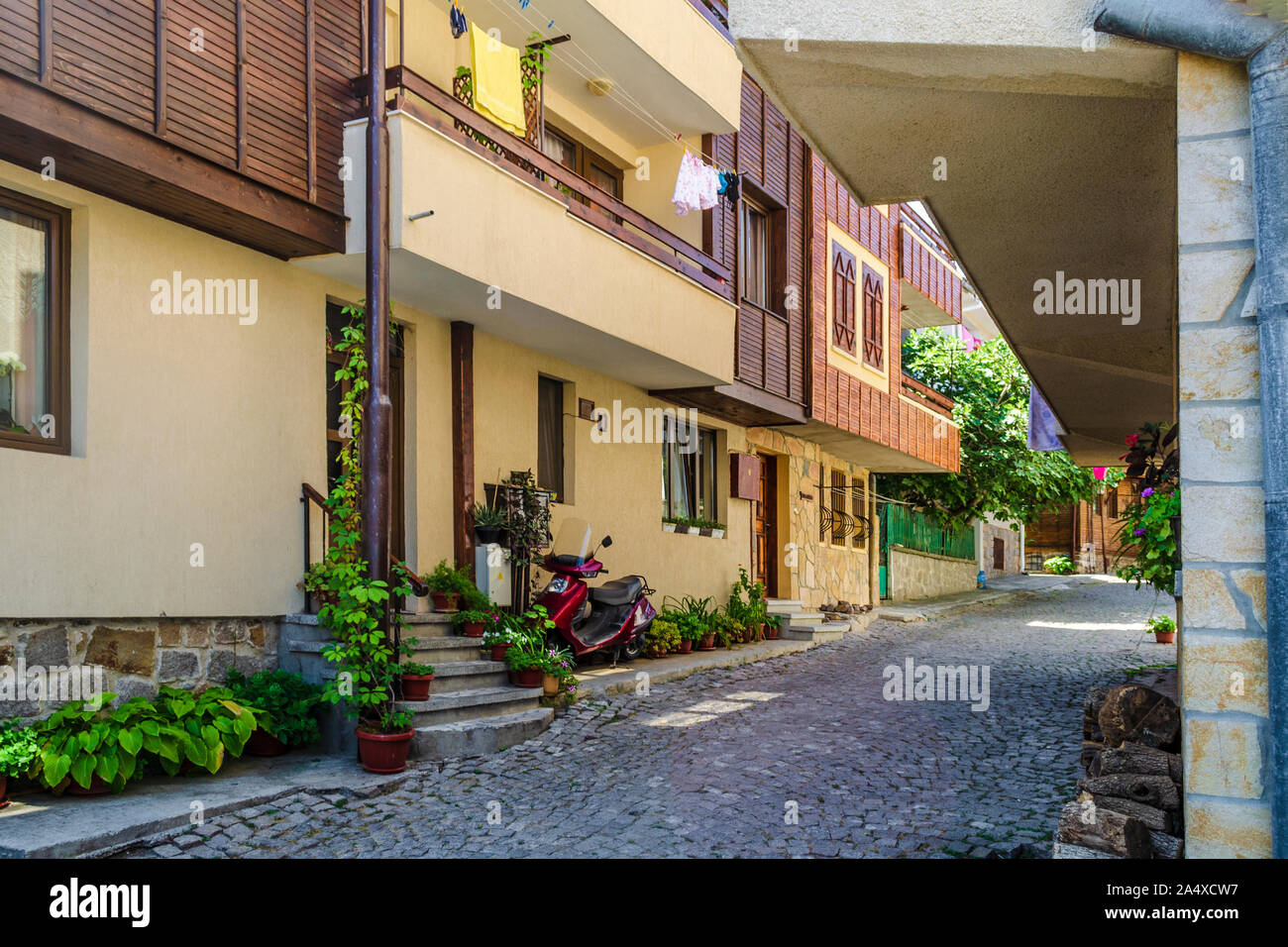 Unione stretta di ciottoli-strada asfaltata tra giallo case nella città vecchia. Piccolo passaggio tra edifici in mattoni con fiori in vaso vicino a pareti. La linea Foto Stock