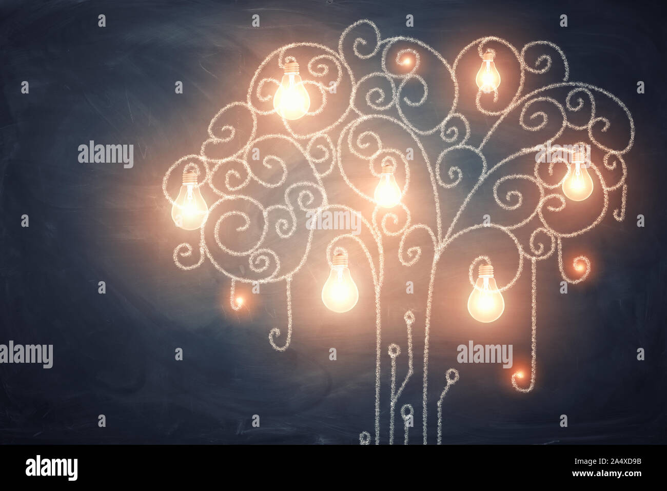 3D rendering di grandi gloving raccolta di lampadine che cresce su una curva shining tree. Foto Stock