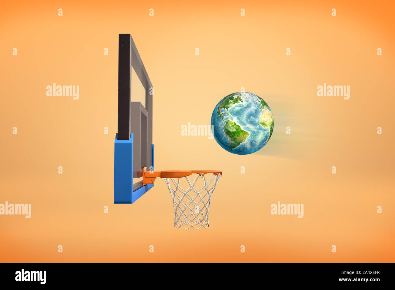 3D rendering della sfera realistica guardando come un globo terrestre vola pronto a cadere all'interno di un Basketball hoop. Foto Stock