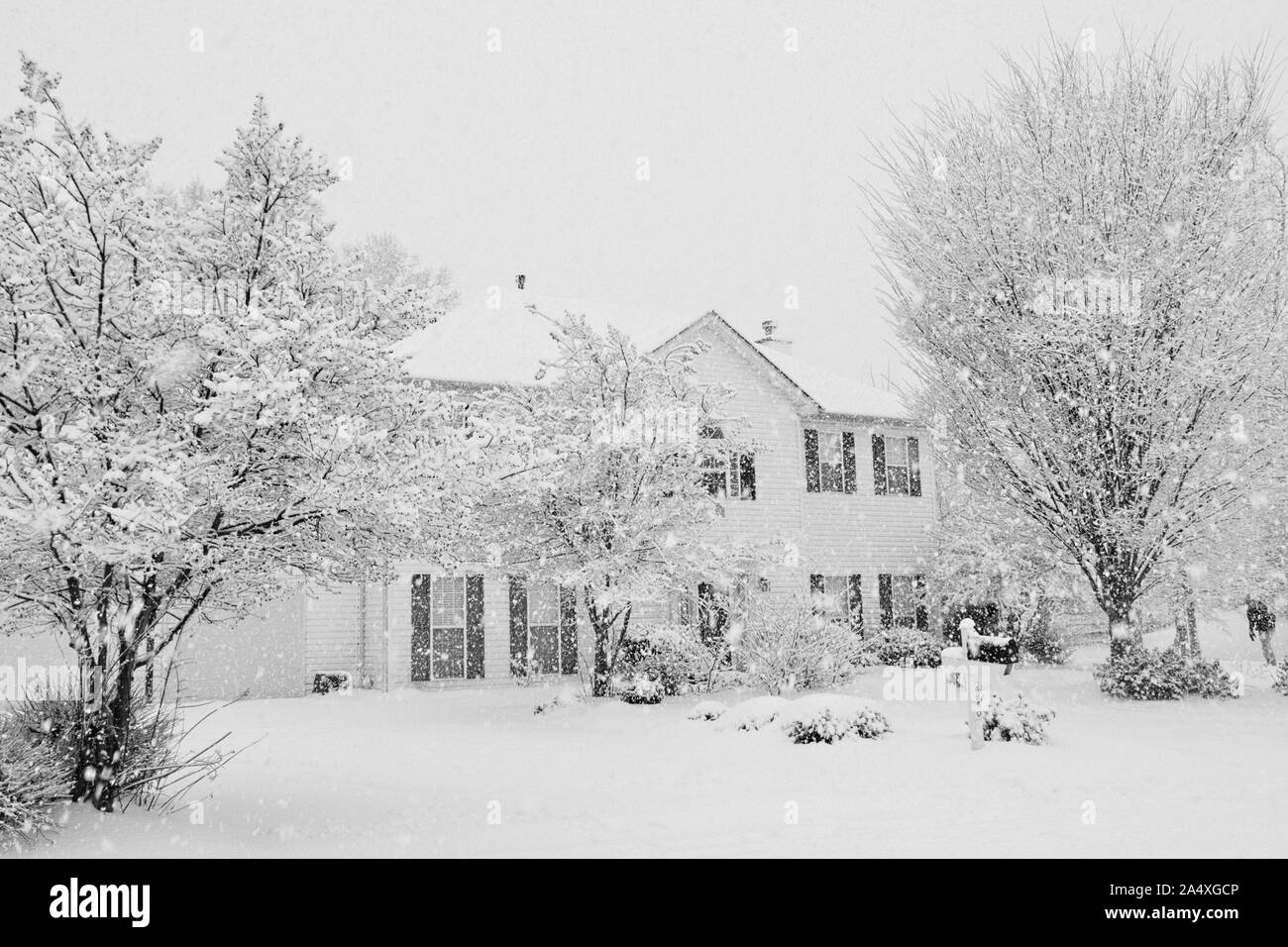 Un bianco grande casa suburbana è coperto con la neve dopo un giorno lungo blizzard, che ha creato una tranquilla, bella e tranquilla scena. Foto Stock