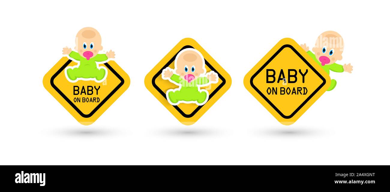 Baby a bordo adesivo di avvertenza impostato, cartelli stradali, vettore isolato modello segni su sfondo bianco. Illustrazione Vettoriale
