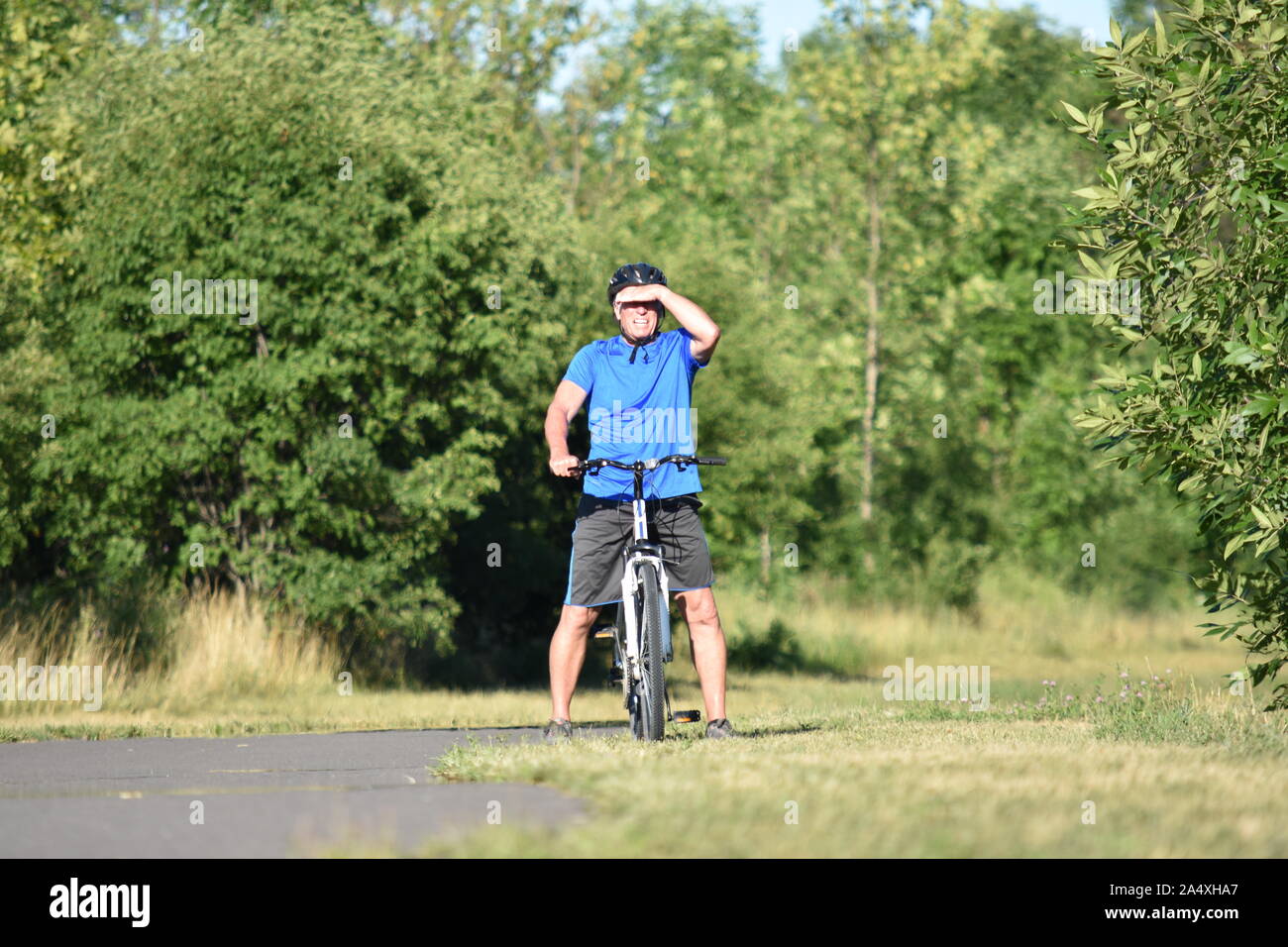 Maschio adulto atleta soleggiata giornata in bicicletta Foto Stock